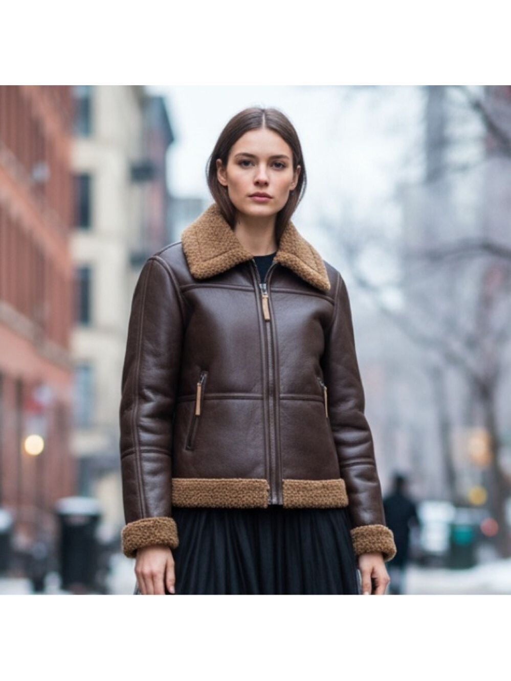 Bearpaw Brown Faux Leather Shearling Moto Jacket Aviator style Bomber Size M